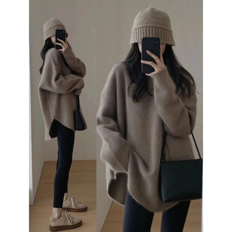 Women's Lazy Kaze Jun Mountain Cashmere Sweater round Neck Loose Long Hem Split Skirt Thickened Knitted Bottoming Shi