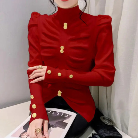 Semi-turtleneck Sweater Women's Bubble Sleeves Slim-fit Knitted Pullover Pleated 2024 Autumn New Long-sleeved Temperament Top