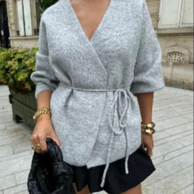 UETEEY 2024 Ladies Simple Cardigan With Sweater & Grey+Khaki Fashion Joker Warm Knitted Tied Jacket Direct Purchase Service