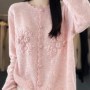 Women's 100 Pure Cashmere Cardigan round Neck Hand-Embroidered Crochet Loose Lazy Sweater Knitted Coat for Fall Winter