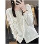 Women's 100 Pure Cashmere Cardigan round Neck Hand-Embroidered Crochet Loose Lazy Sweater Knitted Coat for Fall Winter
