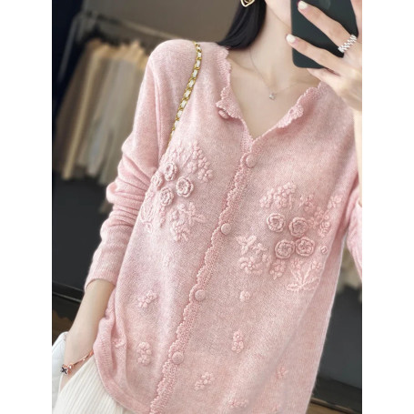 Women's 100 Pure Cashmere Cardigan round Neck Hand-Embroidered Crochet Loose Lazy Sweater Knitted Coat for Fall Winter
