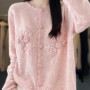 Women's 100 Pure Cashmere Cardigan round Neck Hand-Embroidered Crochet Loose Lazy Sweater Knitted Coat for Fall Winter
