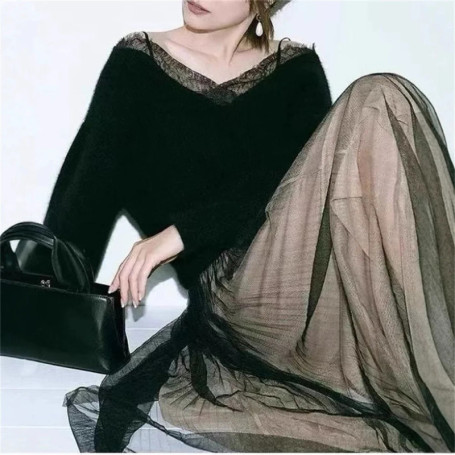 Elegant Sweater Women 2026 Spring New Soft Korean Style Lace Spliced Sweater Tops Autumn Winter Female Pullover V Neck Clothes