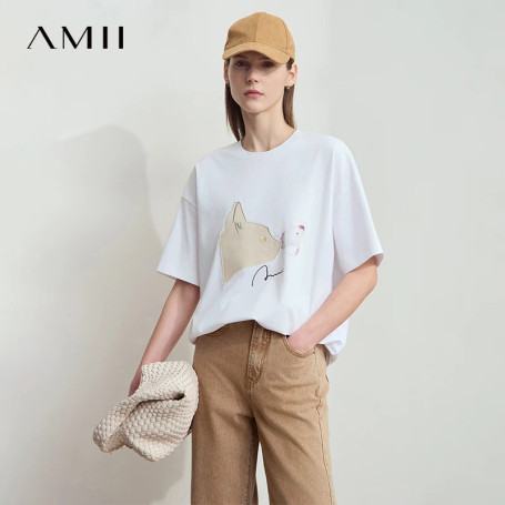 AMII Summer Casual T-shirt for Women 2025 Print Round Neck Short Sleeve Shirts Lady Fashion New Loose Clothes Woman 12522007