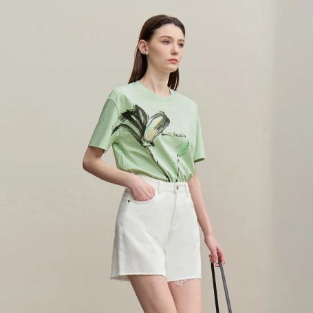 Amii Women's T-Shirt 2026 Summer New Cool Feeling Cotton Round Neck Tee Shirt Ink Art Print Loose Fit Short Sleeve Tops 12622149