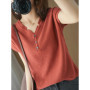 2026 Spring/Summer New Women's 100 Cotton Casual Solid V-neck Pullover Short Sleeve Loose Fitting Knitted Fashion Tops T-shirt