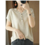 2026 Spring/Summer New Women's 100 Cotton Casual Solid V-neck Pullover Short Sleeve Loose Fitting Knitted Fashion Tops T-shirt