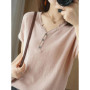 2026 Spring/Summer New Women's 100 Cotton Casual Solid V-neck Pullover Short Sleeve Loose Fitting Knitted Fashion Tops T-shirt