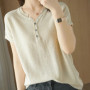 2026 Spring/Summer New Women's 100 Cotton Casual Solid V-neck Pullover Short Sleeve Loose Fitting Knitted Fashion Tops T-shirt