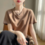 Summer V-neck 100 Cotton Short-Sleeved T-Shirt Women's Loose Mercerized Cotton Half-Sleeve Bottoming Shirt White High-end Top