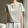 Summer V-neck 100 Cotton Short-Sleeved T-Shirt Women's Loose Mercerized Cotton Half-Sleeve Bottoming Shirt White High-end Top