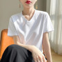 Summer V-neck 100 Cotton Short-Sleeved T-Shirt Women's Loose Mercerized Cotton Half-Sleeve Bottoming Shirt White High-end Top