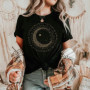 Mystic Moon Phase Celestial Gold Crescent Moon Tee Witchcore Spiritual Graphic T-Shirt for Women Y2K Top Daily Trendy Streetwear