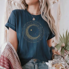 Mystic Moon Phase Celestial Gold Crescent Moon Tee Witchcore Spiritual Graphic T-Shirt for Women Y2K Top Daily Trendy Streetwear