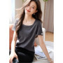 Women's Light Green Ribbed Knit T-Shirt Scoop Neck Short Sleeve Slim Fit Casual Top