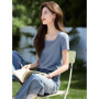Women's Light Green Ribbed Knit T-Shirt Scoop Neck Short Sleeve Slim Fit Casual Top