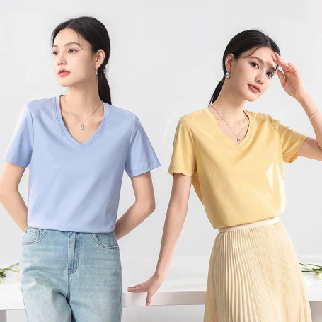 High-end New 10 Silk & Mercerized Cotton Women T-shirt Luxury Tee Short Sleeve Silky Feeling Summer Wear 2025 Tops V / O-neck