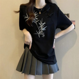 Chinese Style Bamboo Embroidery Frog Button Short Sleeve T-shirt Women's Summer New Loose Slim Top
