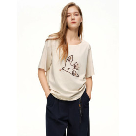 DUSHU Layering for Women Fashion Chain-Embroidered Pearl-Adorned Tank Top Linen-Blend Short Sleeve Off-Shoulder Cotton T-Shirt