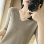 Women Sweaters Spring Summer Short Sleeve V-neck Thin Pullovers Solid Korean Fashion Bottoming Shirt Soft Knitwear Jumpers