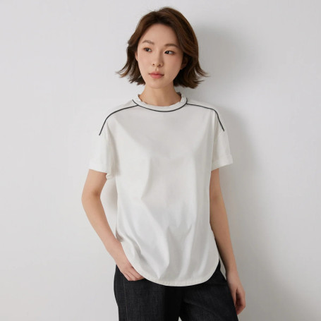KL7513242 Women's Light Luxury High-Quality Cotton Blend T-Shirt with Contrasting Chain Detail Pullover Style
