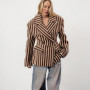 Elegant Striped Women's Blazer Lapel Full Sleeve Waist-Closed Double-Breasted Lady Coats 2026 Spring Chic Female Streetwear