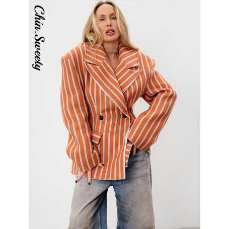 Elegant Striped Women's Blazer Lapel Full Sleeve Waist-Closed Double-Breasted Lady Coats 2026 Spring Chic Female Streetwear