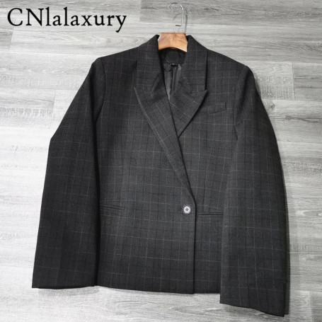2025 Spring Blazer For Women's Gray Plaid Blazer Office Ladies Classic Plaid Blazer 2026 Single Button Notched Collar Blazers