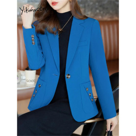 Yitimuceng Blue Blazers for Women 2026 Office Ladies New Single Button Pockets Slim Coats Casual Long Sleeve Notched Chic Jacket