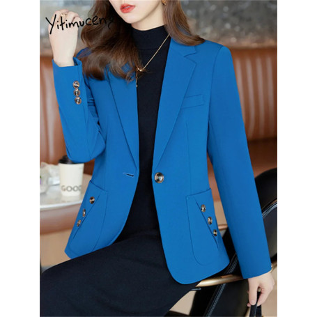 Yitimuceng Blue Blazers for Women 2026 Office Ladies New Single Button Pockets Slim Coats Casual Long Sleeve Notched Chic Jacket