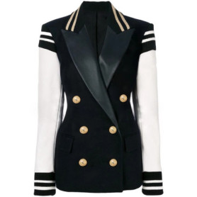 HIGH STREET New Fashion 2026 Classic Varsity Jacket Women's Lion Buttons Double Breasted Leather Sleeve Patchwork Blazer