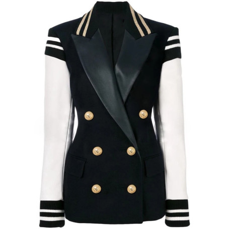 HIGH STREET New Fashion 2026 Classic Varsity Jacket Women's Lion Buttons Double Breasted Leather Sleeve Patchwork Blazer