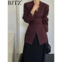 BJTZ Solid Patchwork Scarf Streetwear Blazer For Women V Neck Long Sleeve Spliced Button Slimming Blazer Female Fashion