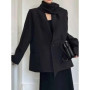 BJTZ Solid Patchwork Scarf Streetwear Blazer For Women V Neck Long Sleeve Spliced Button Slimming Blazer Female Fashion