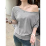 1pcs Summer Women Basic Model Solid Color T-Shirt Lady Short-Sleeved Skew Collar t-Shirt Female Street Style Sexy Slim Fit Tee
