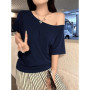 1pcs Summer Women Basic Model Solid Color T-Shirt Lady Short-Sleeved Skew Collar t-Shirt Female Street Style Sexy Slim Fit Tee