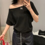 1pcs Summer Women Basic Model Solid Color T-Shirt Lady Short-Sleeved Skew Collar t-Shirt Female Street Style Sexy Slim Fit Tee