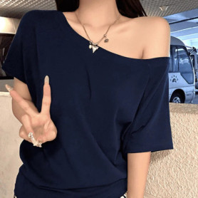 1pcs Summer Women Basic Model Solid Color T-Shirt Lady Short-Sleeved Skew Collar t-Shirt Female Street Style Sexy Slim Fit Tee