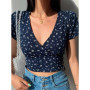Summer French retro floral V-neck short-sleeved T-shirt Slim slimming wild high waist T-shirt women's top