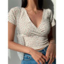 Summer French retro floral V-neck short-sleeved T-shirt Slim slimming wild high waist T-shirt women's top