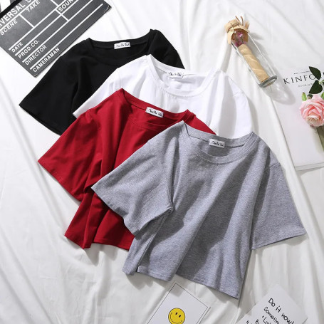 2025 Summer Short Sleeve T Shirts Women Cotton Solid T-shirt O Neck High Waist Crop Top Tee Female Casual Loose T Shirt