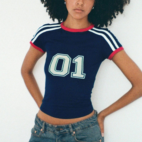 Streetwear Y2k Cropped Top Chic Patchwork Number Print Short Sleeve Slim-fitting Tee Shirts 2024 Summer Women Casual T-shirt 90s