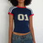 Streetwear Y2k Cropped Top Chic Patchwork Number Print Short Sleeve Slim-fitting Tee Shirts 2024 Summer Women Casual T-shirt 90s