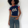 Streetwear Y2k Cropped Top Chic Patchwork Number Print Short Sleeve Slim-fitting Tee Shirts 2024 Summer Women Casual T-shirt 90s