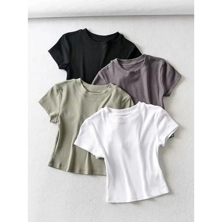 Women O-neck Short-sleeve T-shirt Slim Elastic Skinny Summer Sexy Crop Tops