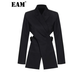 EAM Women Black Cross Bandage Short Blazer New Lapel Long Sleeve Loose Fit Jacket Fashion Tide Spring Autumn 2026 1T126