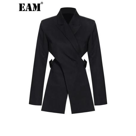 EAM Women Black Cross Bandage Short Blazer New Lapel Long Sleeve Loose Fit Jacket Fashion Tide Spring Autumn 2026 1T126