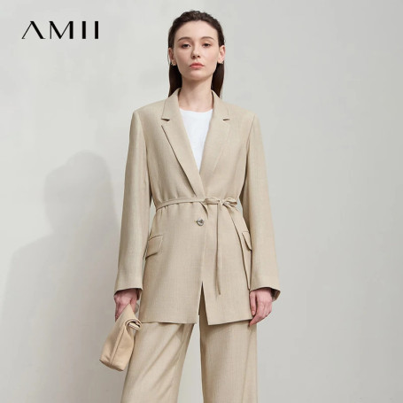 AMII Office Lady Solid Blazers 2025 Autumn New Long Sleeves Loose Coat Notched Business Jacket Belt Women's Clothing 12543025