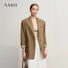 AMII Women's Jacket 2025 Autumn New Commuter Elegant Solid Loose Top Women Long Sleeves Single Breasted Blazer Ladies 12553060